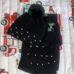 Black Knit Hat, Scarf, and Gloves Set with Pom Pom